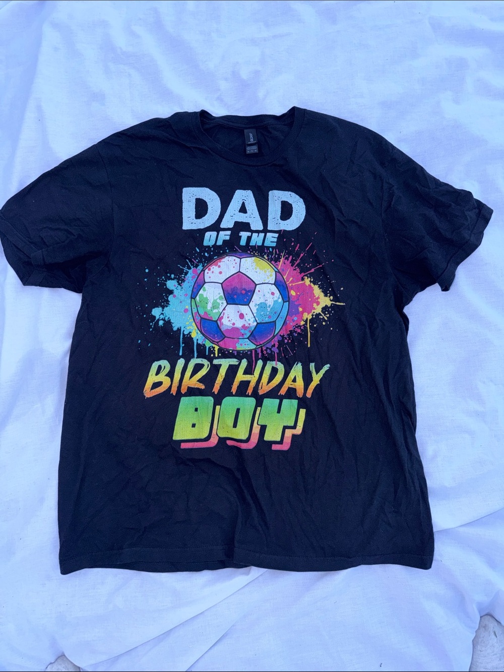 Gildan Black Graphic 'Dad of the Birthday Boy' Tee with Multicolor Soccer Print